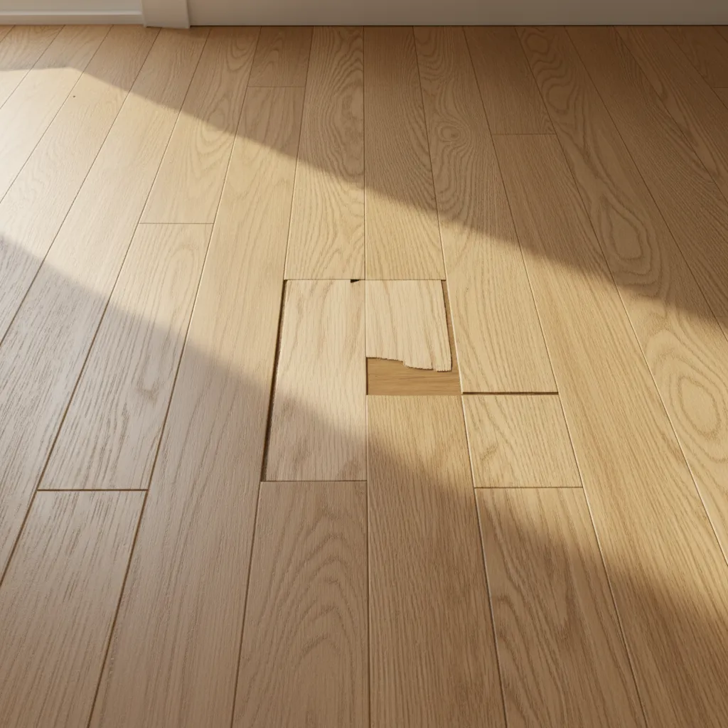 Close view of hardwood floor patch before sanding and stain blending