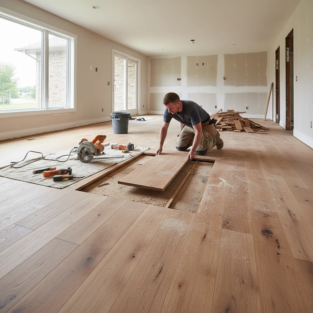 Damaged hardwood boards being repaired before refinishing