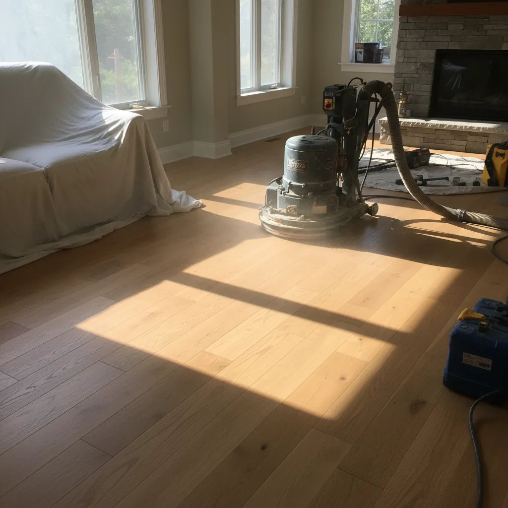 Professional sanding hardwood floor to blend repair area