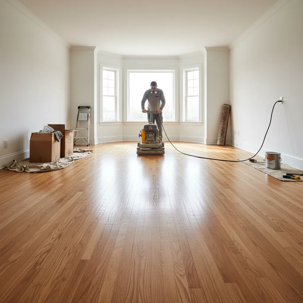 Homeowner sanding hardwood floor with rented drum sander during DIY refinishing