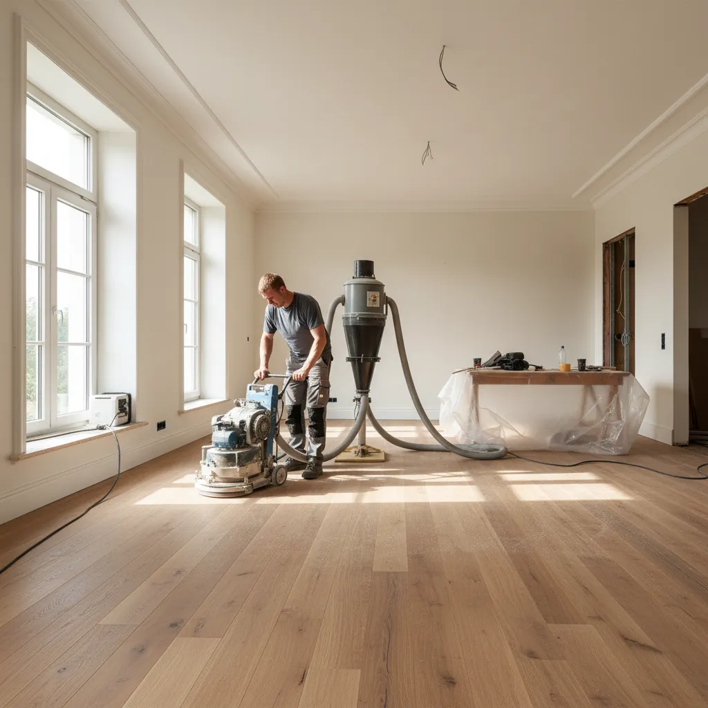 Professional sanding machine preparing hardwood floor before finishing