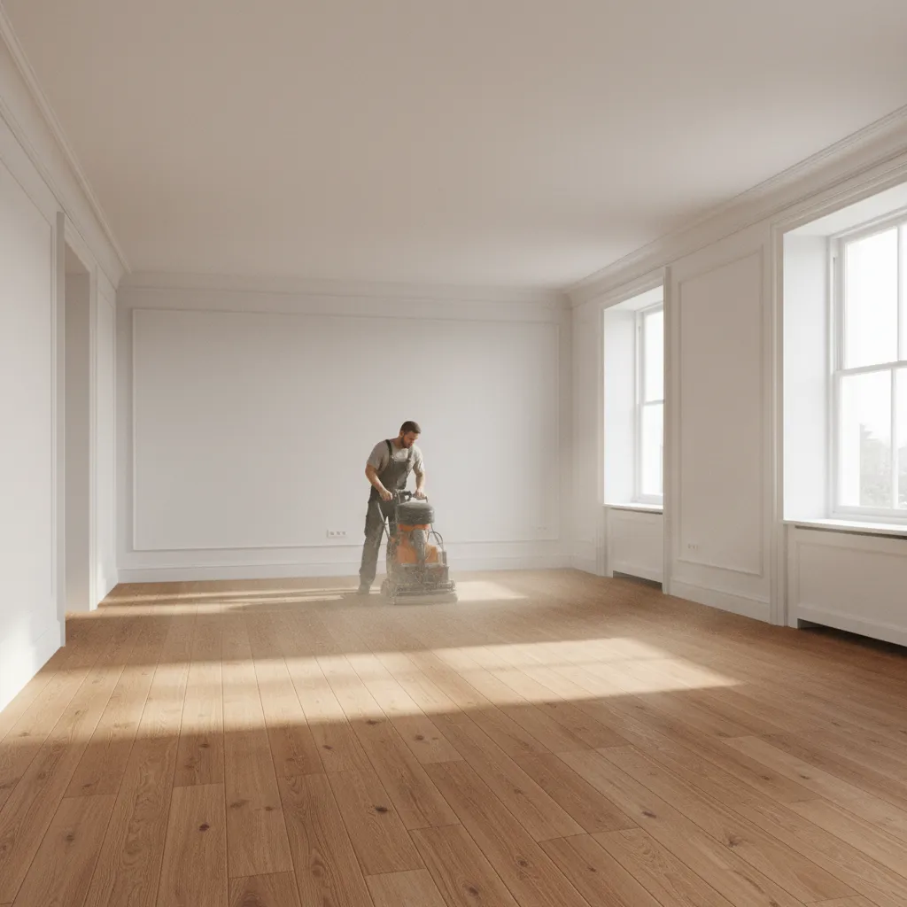 Hardwood floor sanding process in residential living room