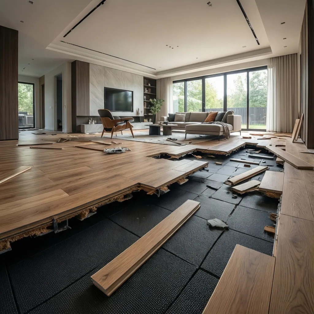 acoustic rubber underlayment beneath engineered hardwood floor in modern living room