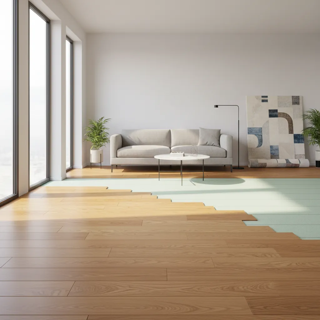 engineered hardwood flooring installed with protective underlayment layer