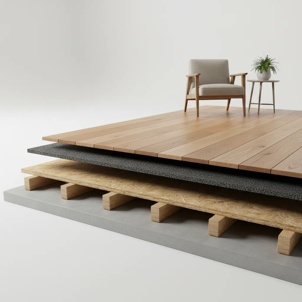 Layered diagram showing hardwood flooring planks installed over acoustic underlayment and subfloor