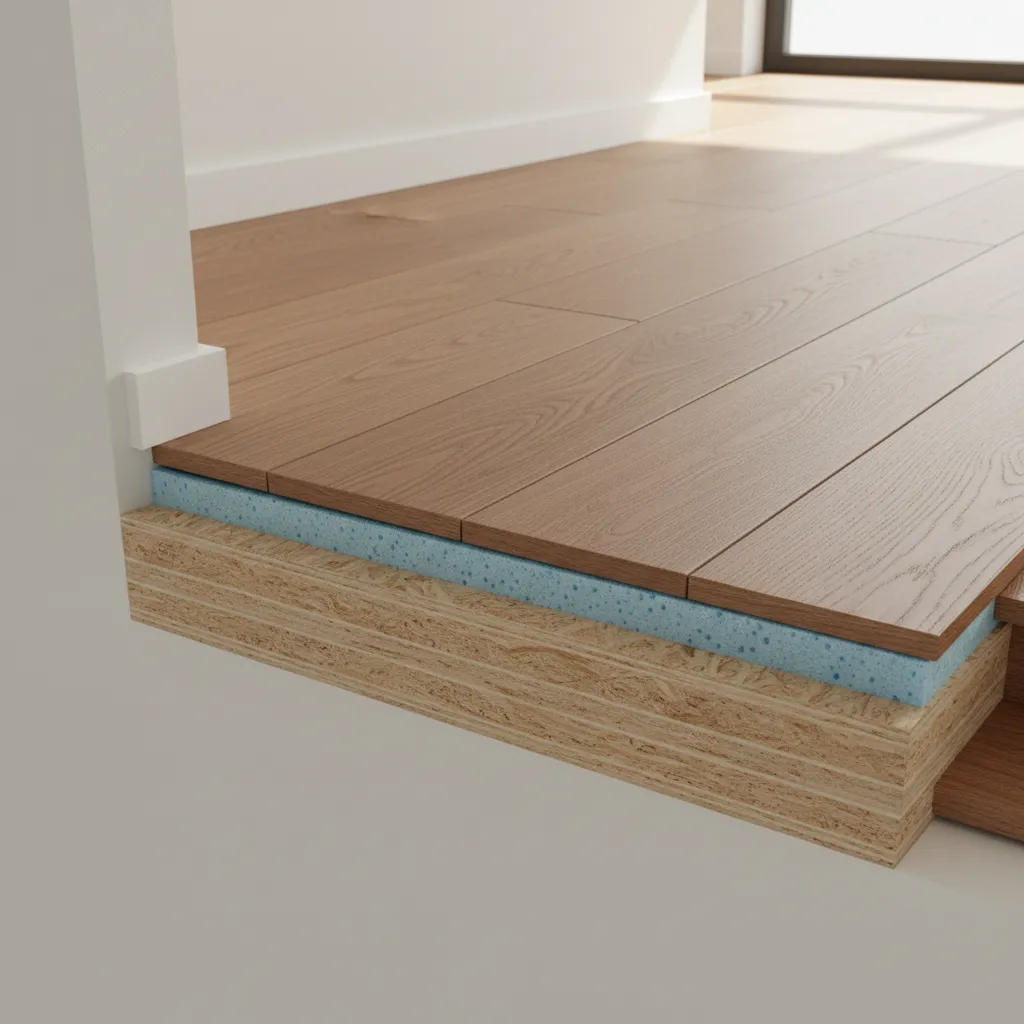 cutaway view showing hardwood floor layers including plank, underlayment and subfloor
