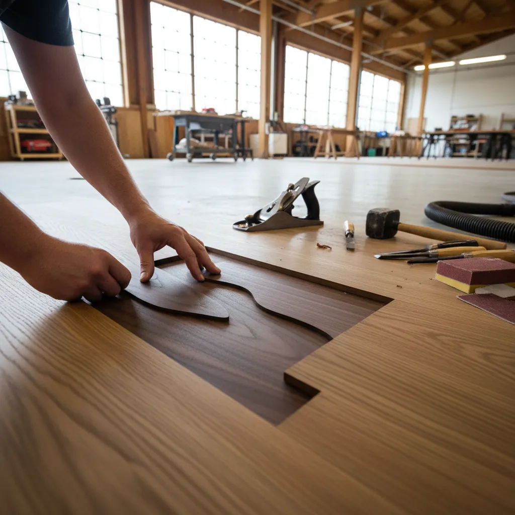 Installing a wood patch into a damaged hardwood floor section