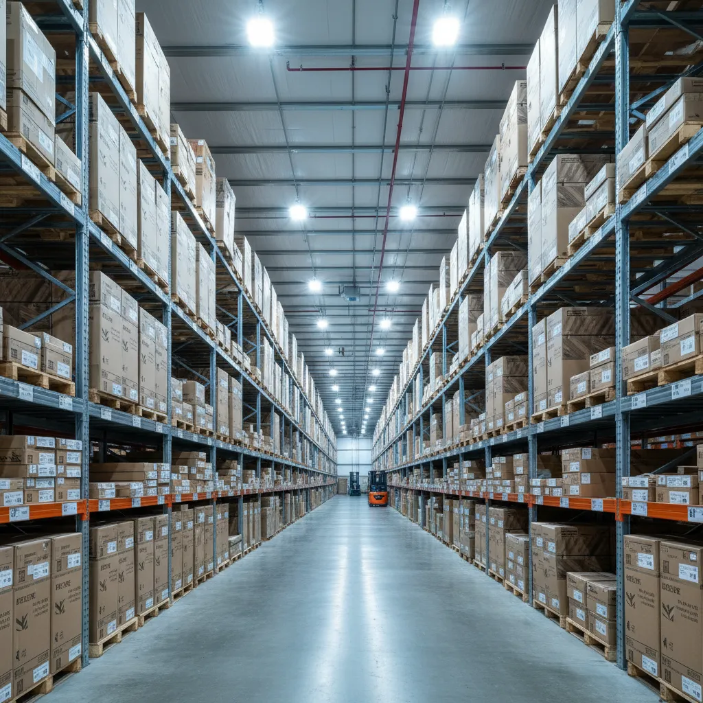 warehouse stacks of hardwood flooring boxes for clearance sale
