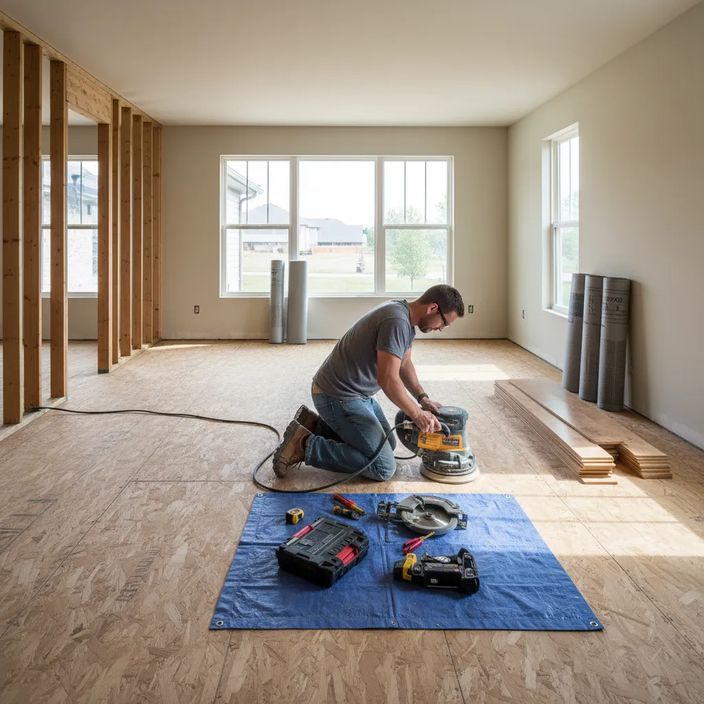 contractor preparing subfloor before hardwood flooring installation
