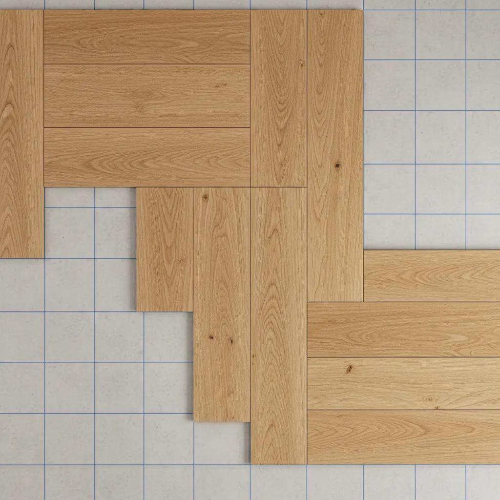 Top view of hardwood floor plank layout pattern during installation