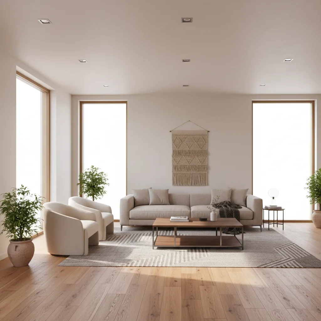 Living room with natural hardwood flooring installed