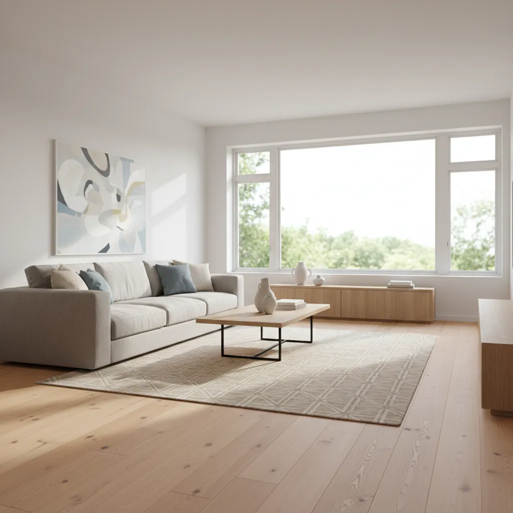 living room with newly installed hardwood flooring and neutral furniture