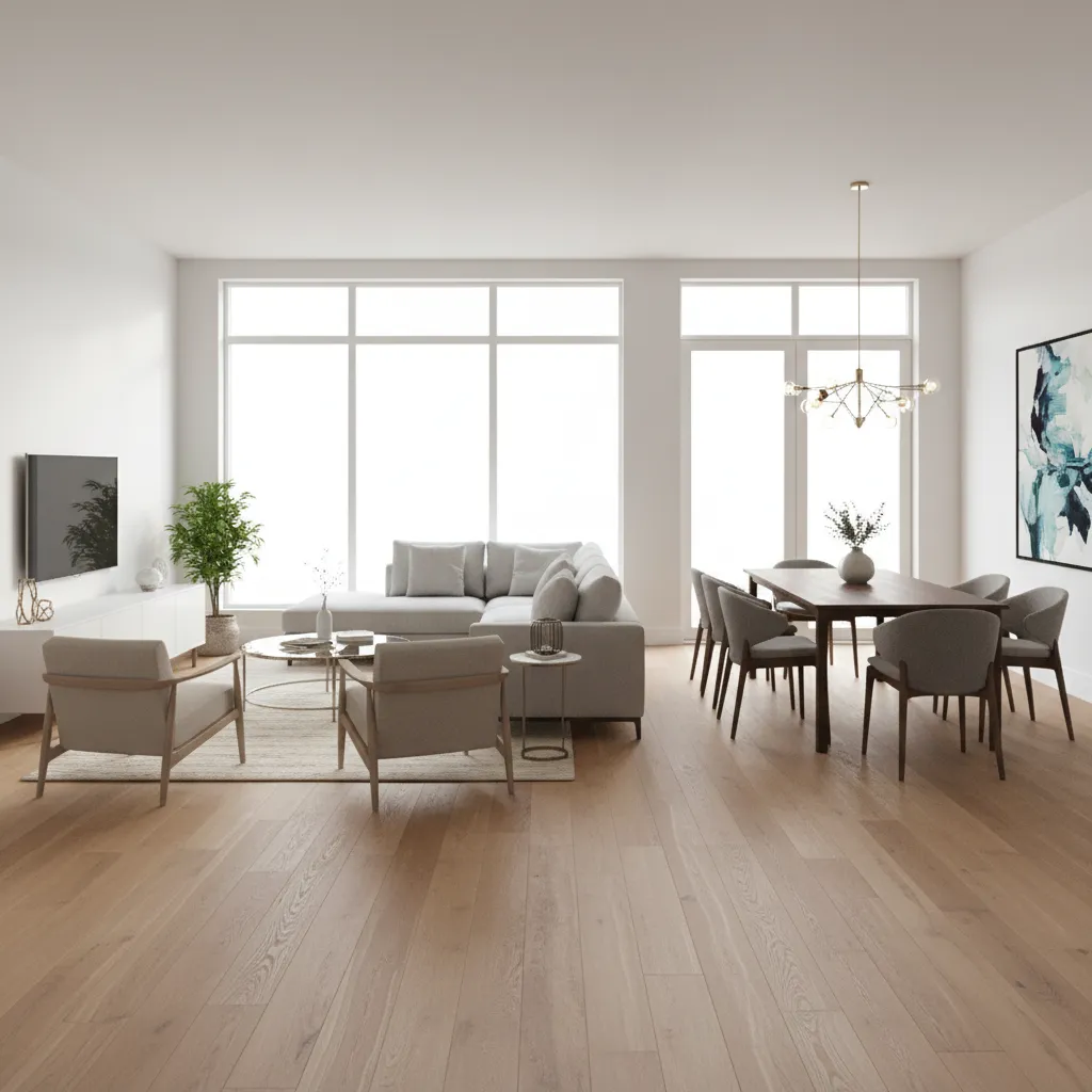 modern home interior showing newly installed hardwood flooring across open living area
