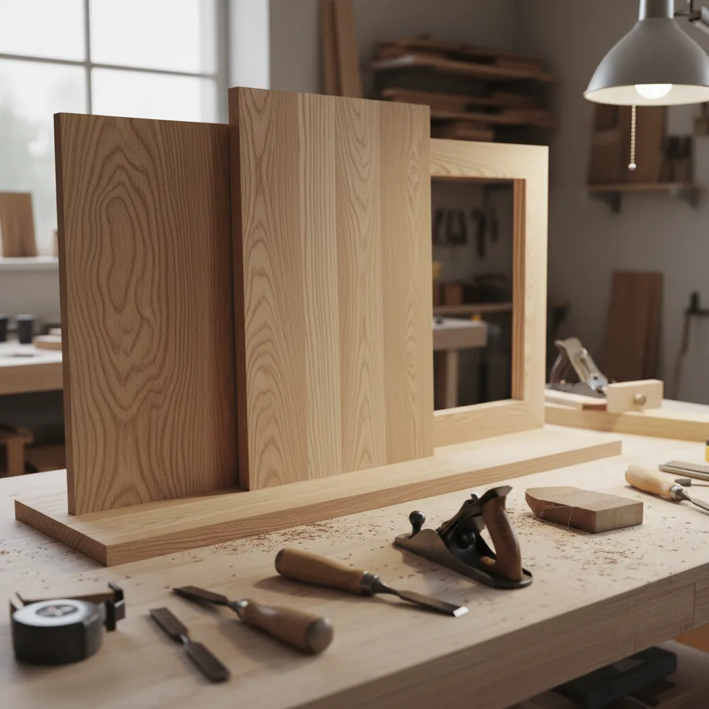 Close view of hardwood boards used to build a wall easel frame