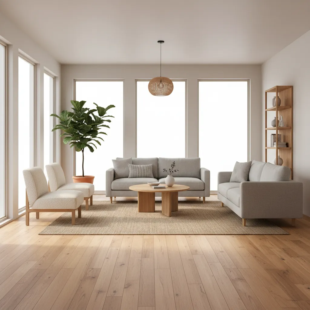Modern living room with natural oak hardwood flooring