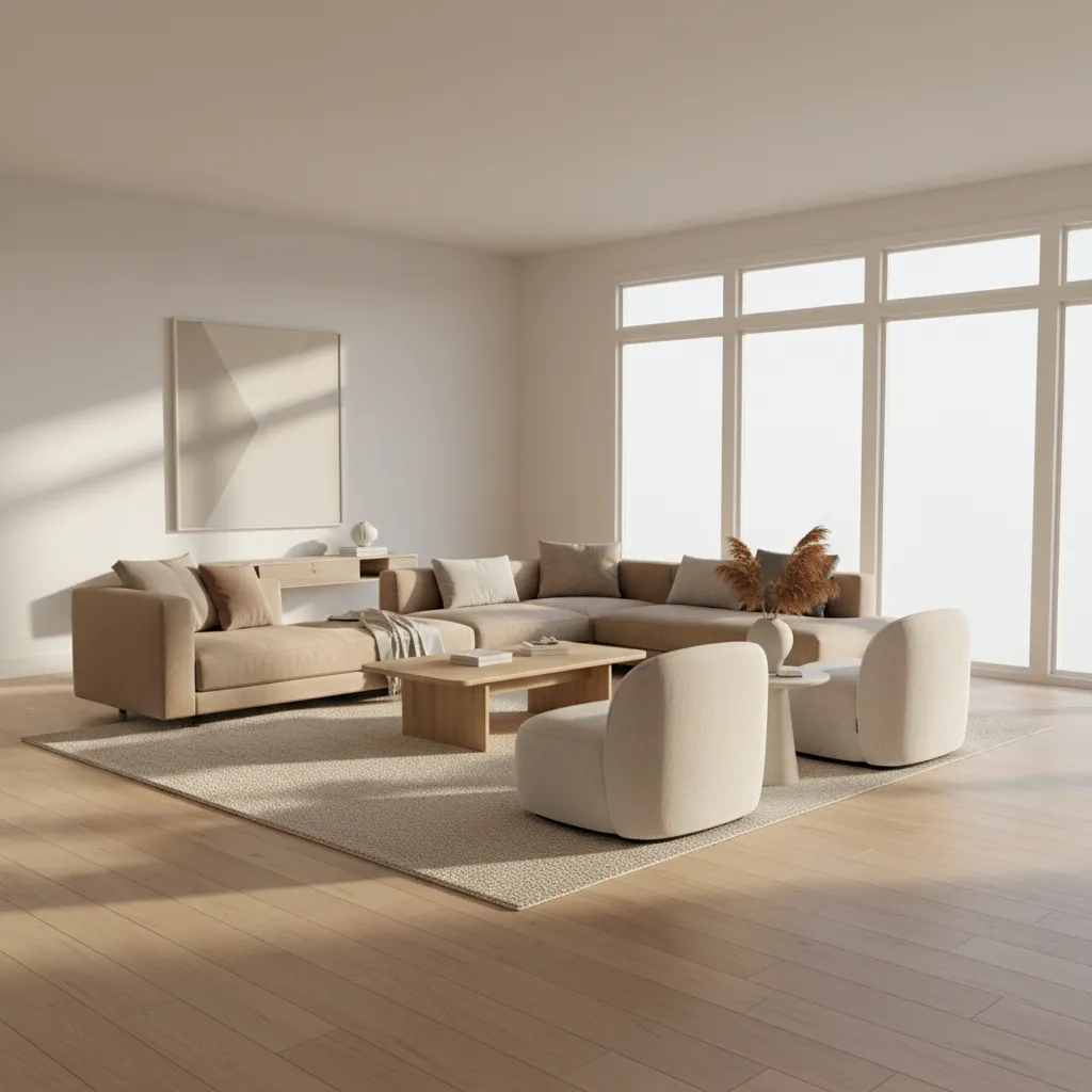 Living room hardwood floor with large soft area rug improving barefoot comfort