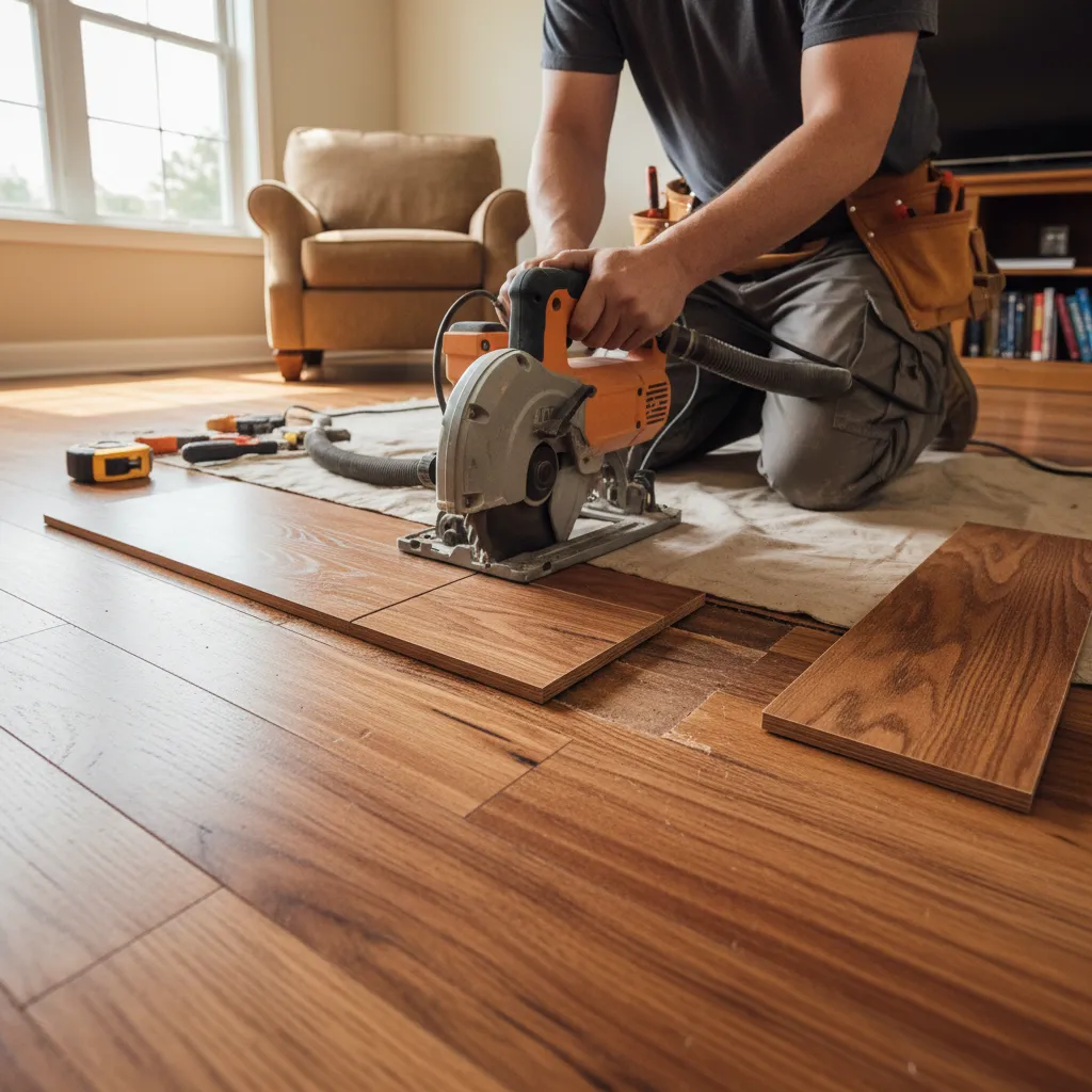 Contractor cutting damaged hardwood plank for replacement