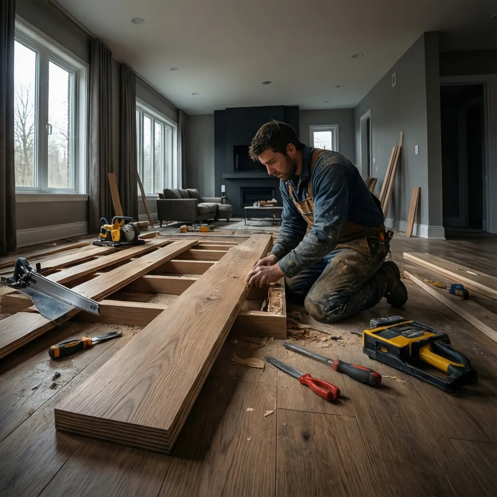 Replacing a damaged hardwood floor plank during flooring repair