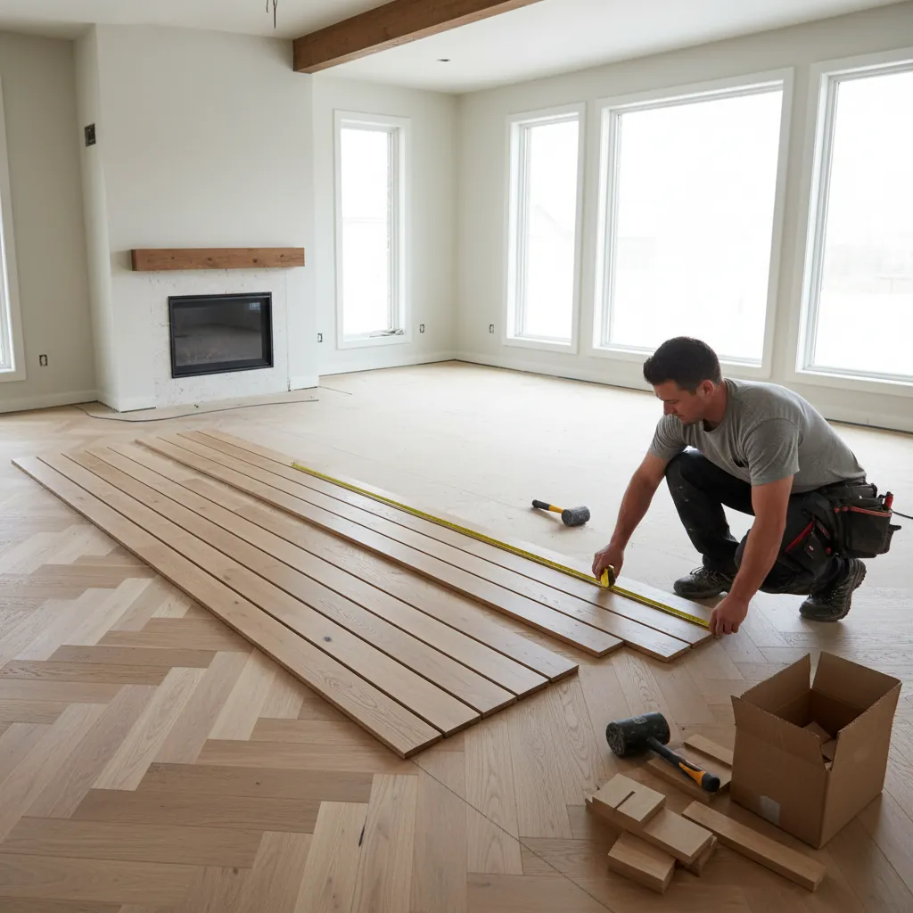 Measuring hardwood plank rows across room to calculate board distribution