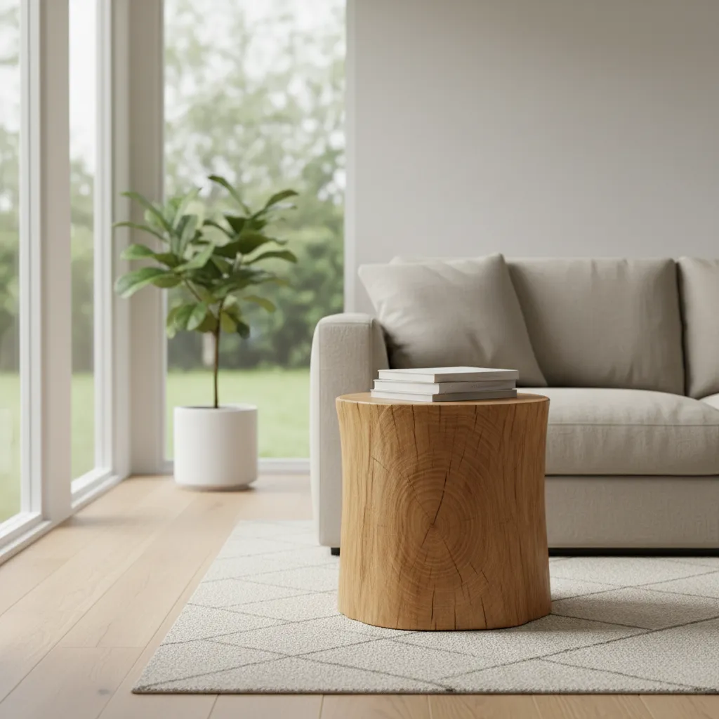 solid oak stump used as a side table in a minimalist interior