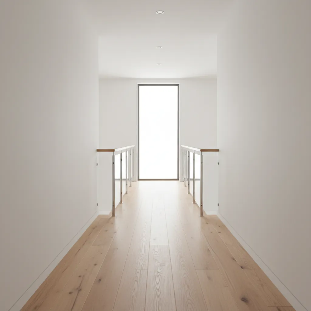 Upstairs hallway with hardwood flooring and modern interior style