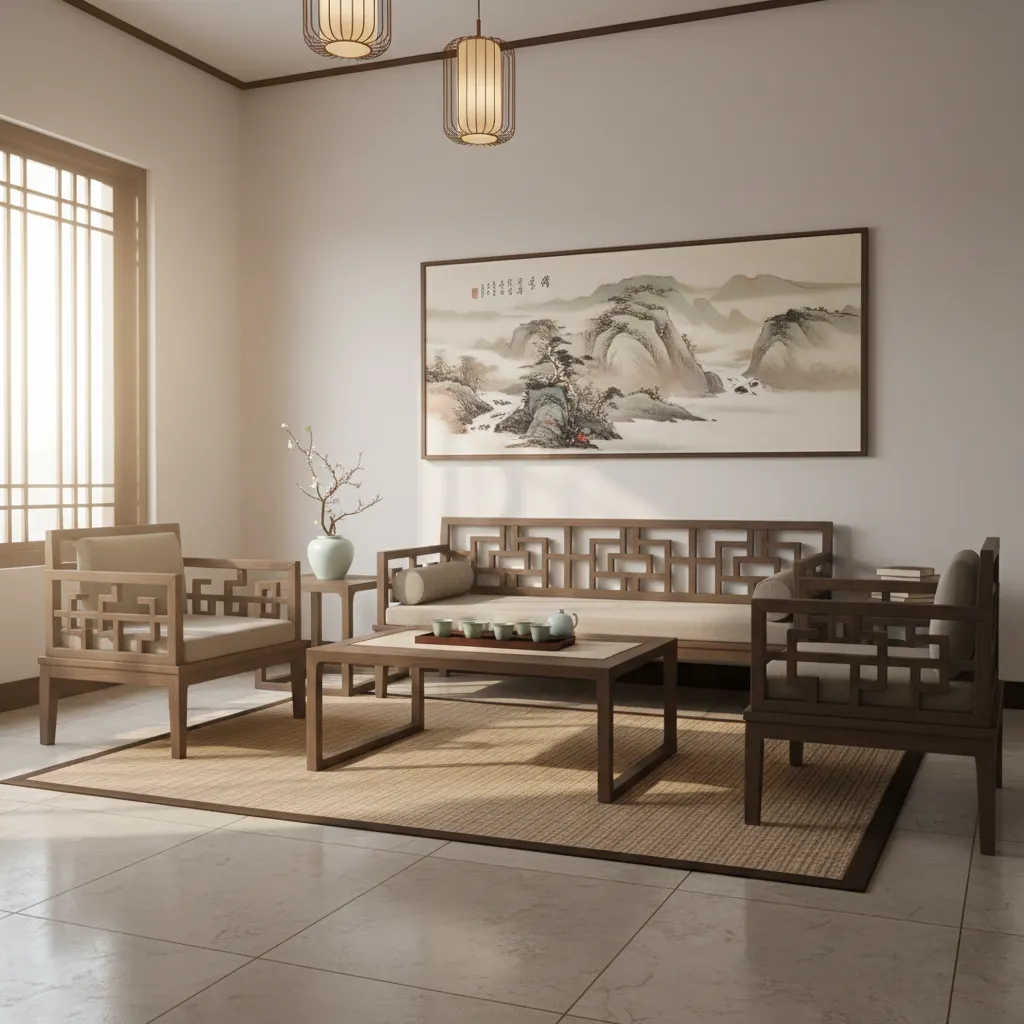 harmonious Chinese style living room with balanced furniture and natural materials