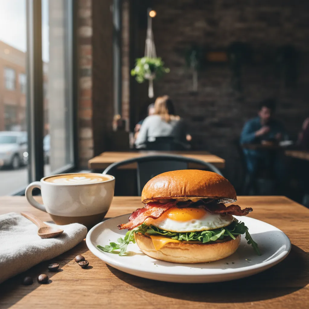 Breakfast sandwich and coffee served in a neighborhood brunch cafe