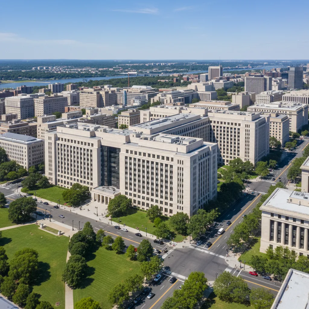 Aerial view showing the large block style layout of the Harry S Truman Building