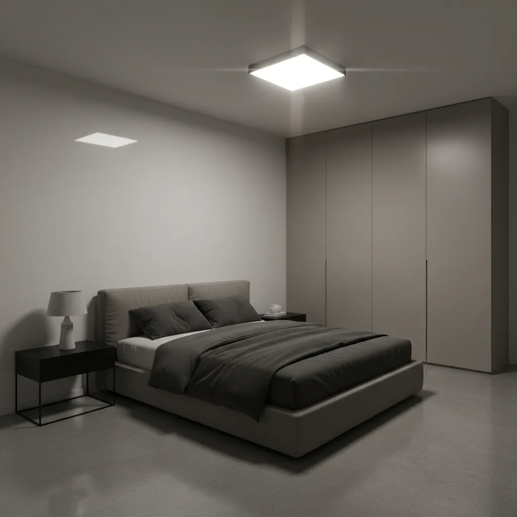 Bedroom with harsh central ceiling light creating glare and dark corners