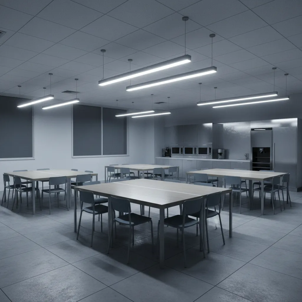 Office break room with harsh overhead lighting and visible glare on tables