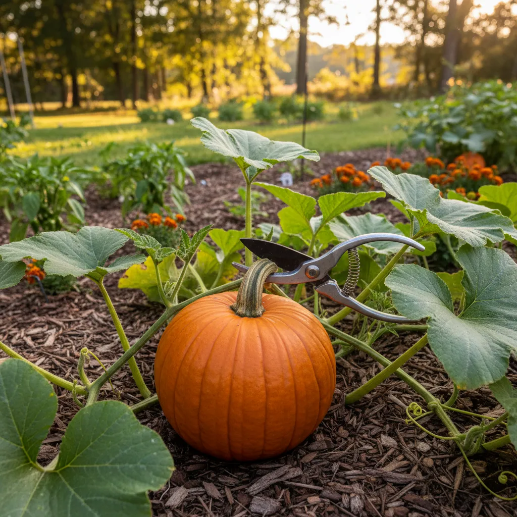 Ripe pumpkin being harvested from vine in a small garden