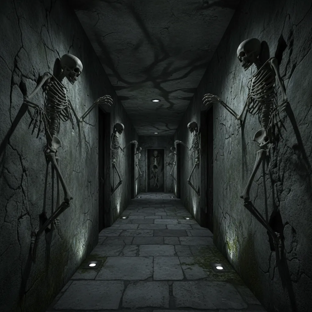 Haunted house corridor with skeletons embedded into textured walls