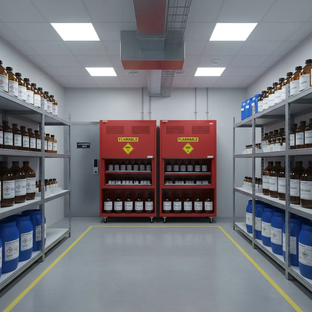Dedicated chemical storage area with safety cabinets inside a laboratory facility