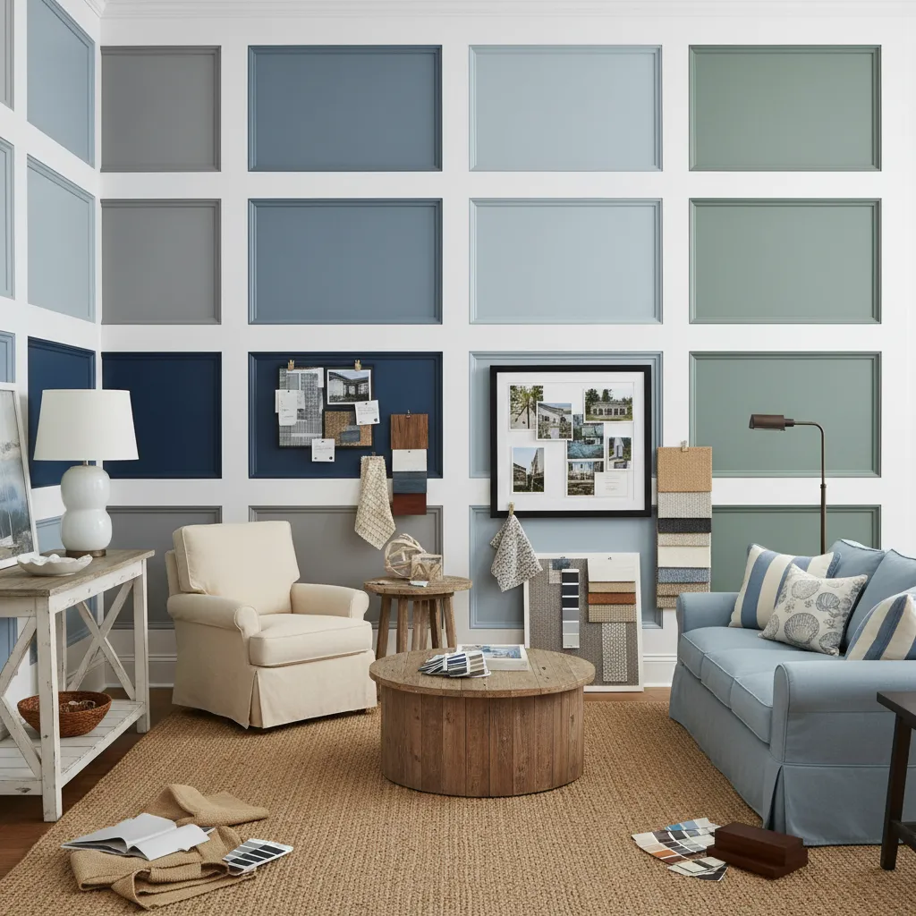 Interior style board showing different Benjamin Moore HC colors paired with furniture styles