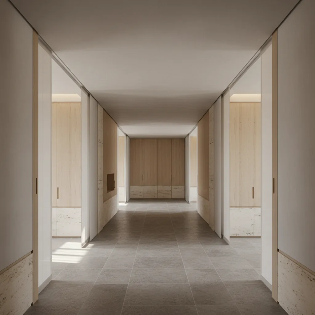 Minimalist hallway interior design drawing with light wood cabinets grey floor tiles and white wall panels
