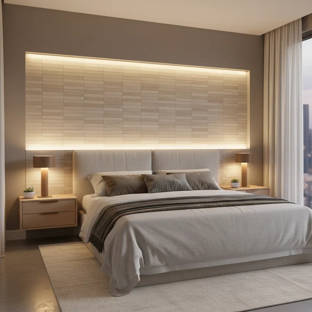bedroom headboard wall with integrated tile panel and lighting