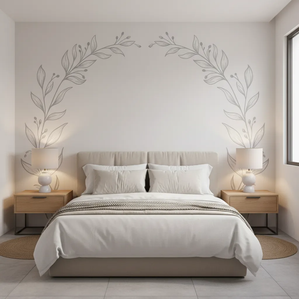 bedroom layout showing wall sticker framing the headboard