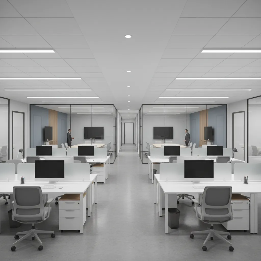 Healthcare administration office workspace with organized desks and meeting rooms