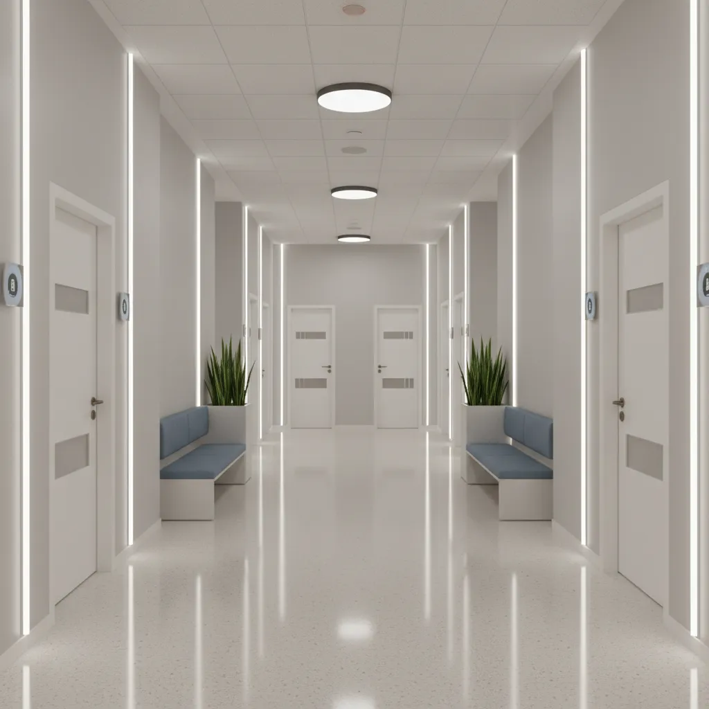 healthcare clinic interior showing corridor and multiple exam rooms