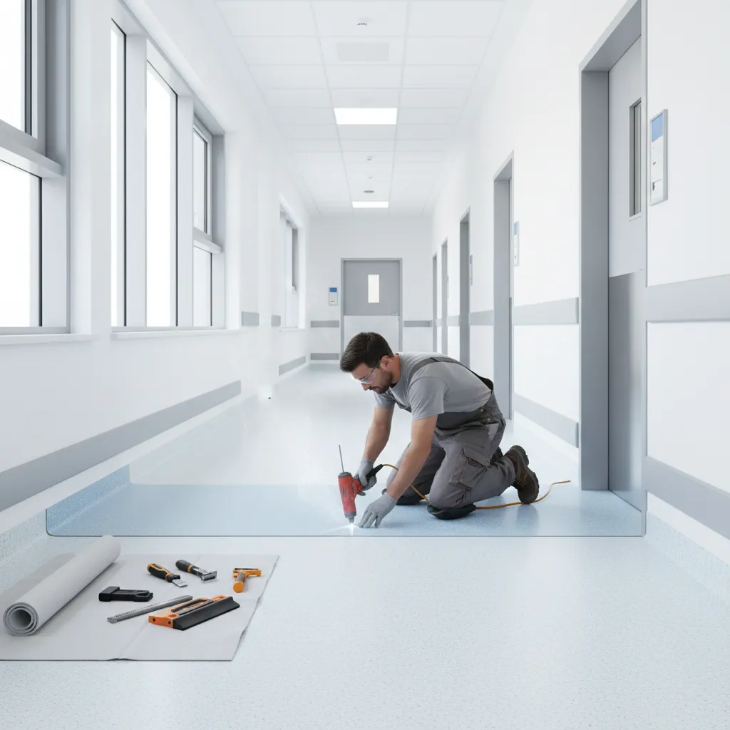 contractor installing welded seam healthcare flooring in clinic corridor