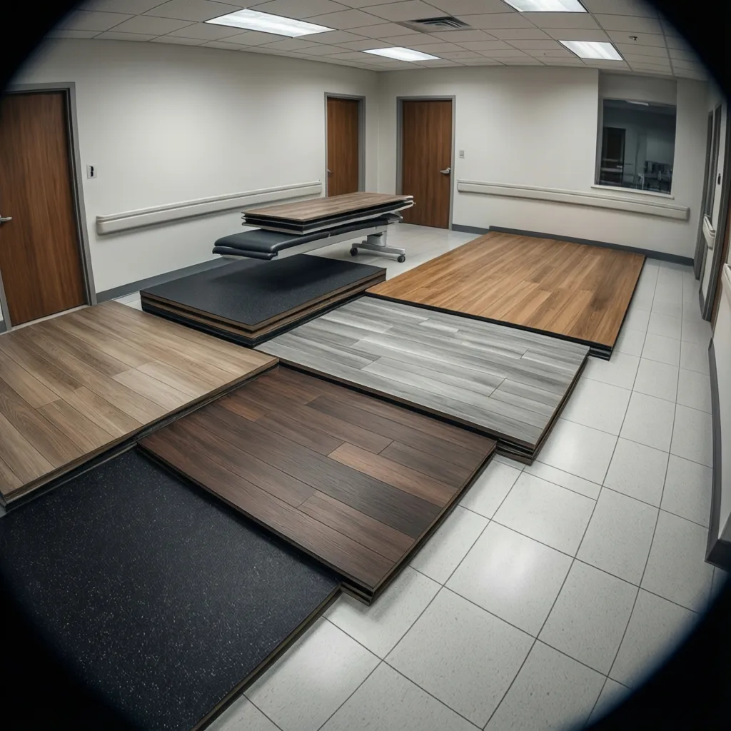 Comparison of rubber vinyl and tile flooring textures used in medical facilities