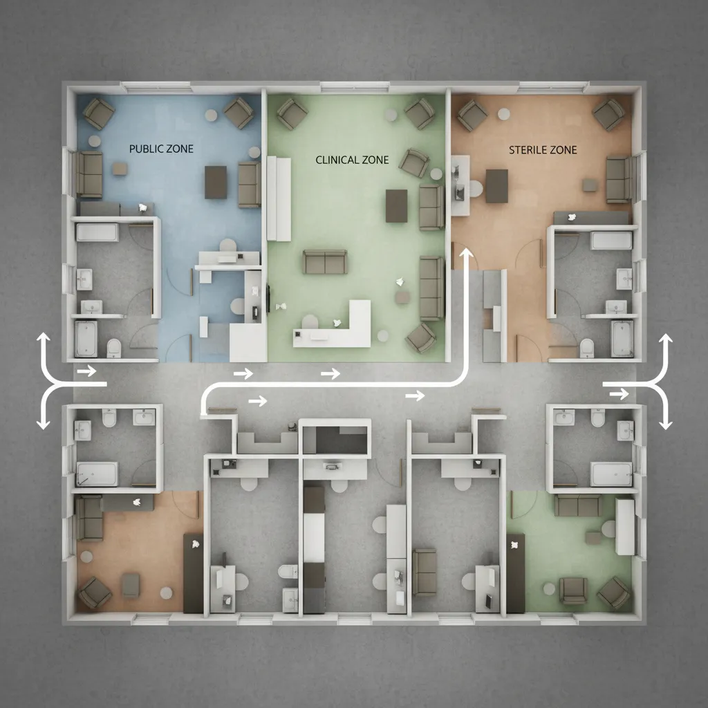 healthcare floor plan diagram showing infection control zones and circulation paths