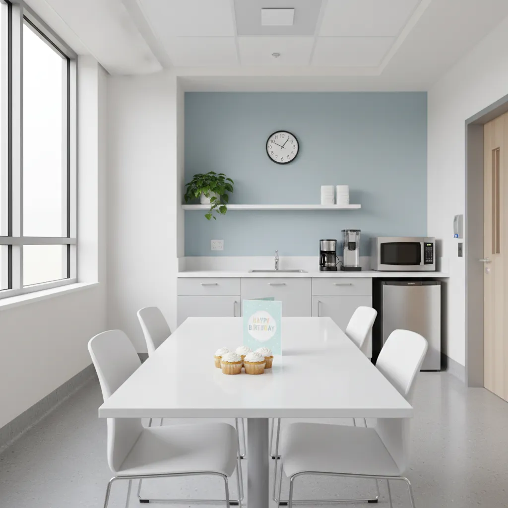 small birthday setup in hospital staff breakroom with minimal decorations