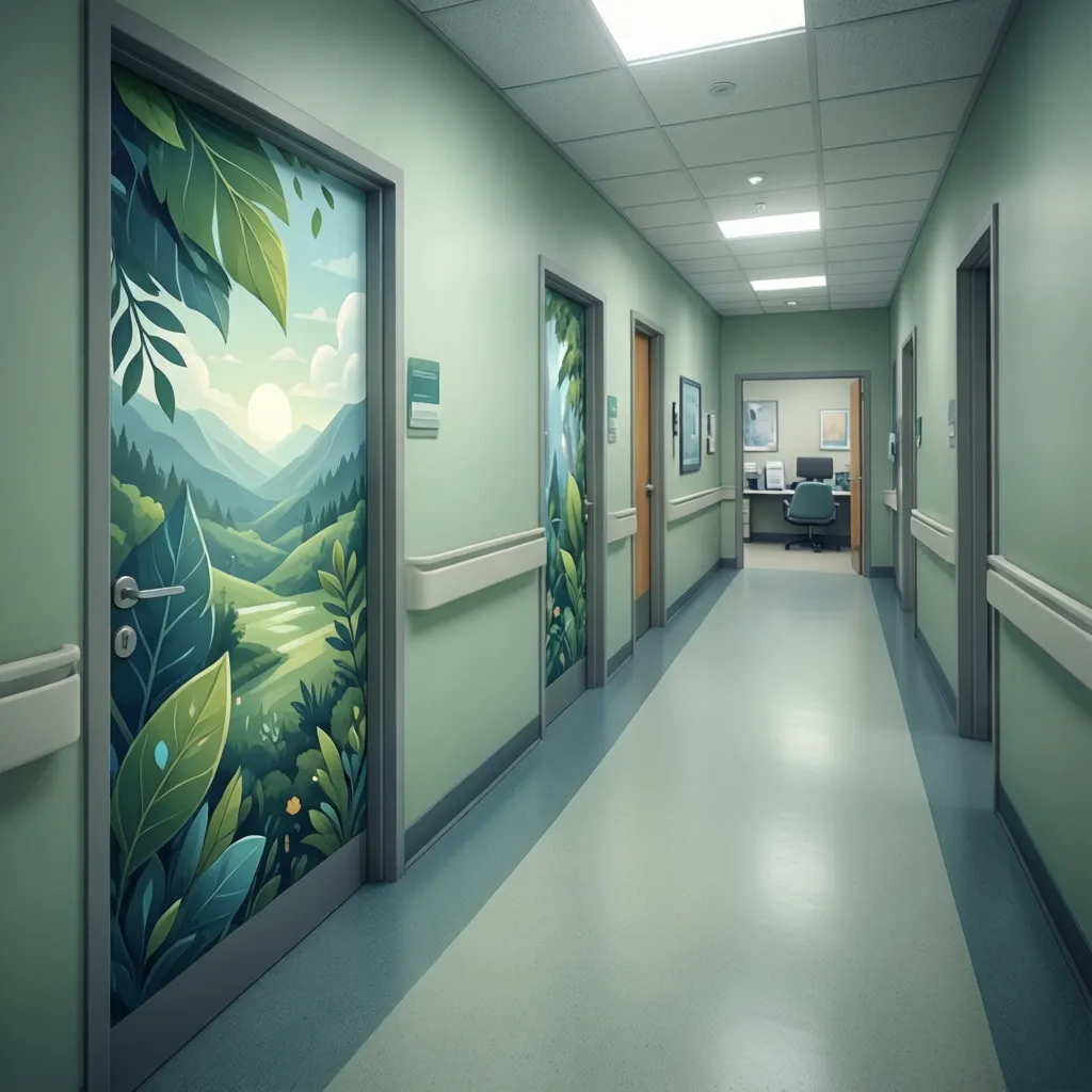 Calming healthcare clinic office door decoration with nature theme