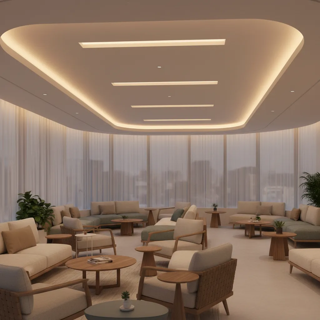 Healthcare staff lounge with warm indirect lighting and comfortable seating