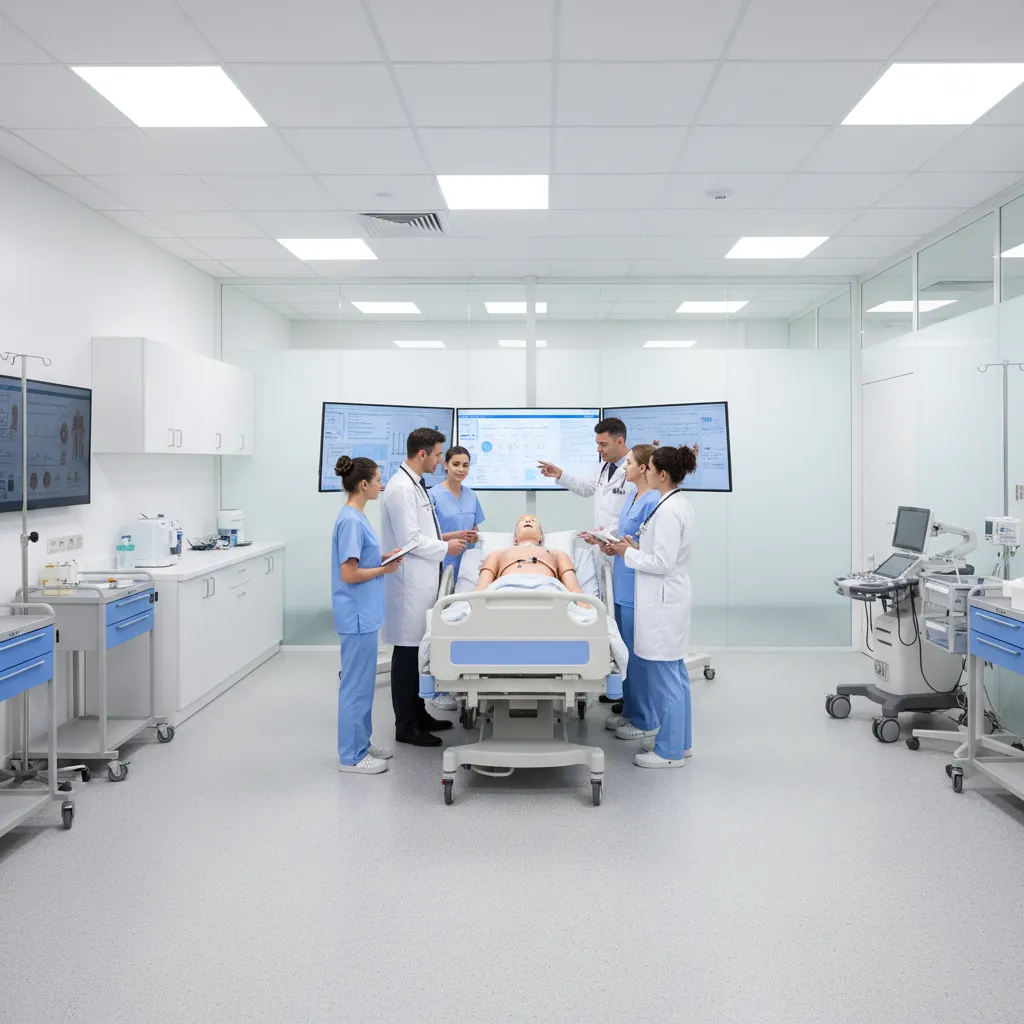 Healthcare professionals training together in a collaborative medical simulation environment