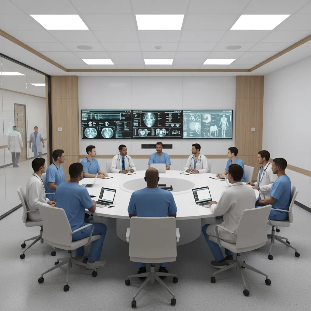hospital clinical discussion meeting room with round table and medical display screens