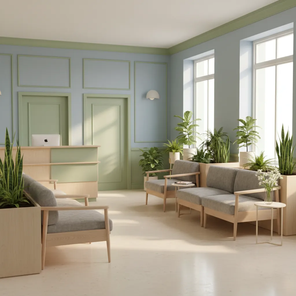 healthcare clinic waiting room with soft blue and green calming colors