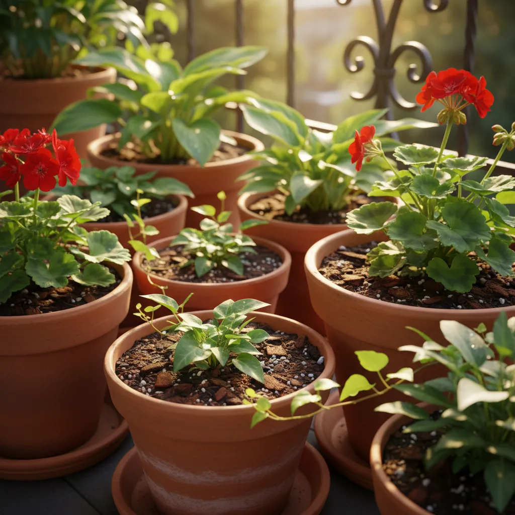 Healthy potted balcony plants with proper drainage trays and soil mix