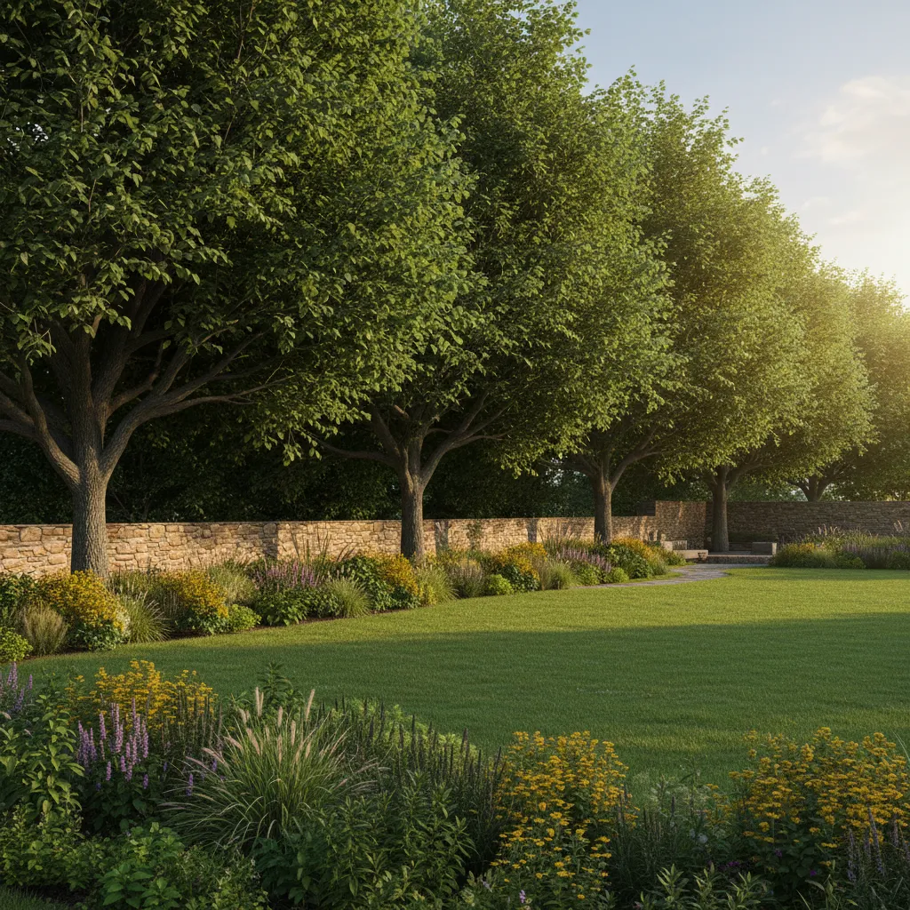 mature tree line along residential boundary providing shade and privacy